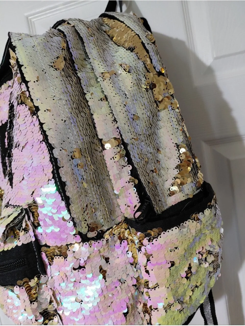 PINK Victoria's Secret Iridescent Sequin Backpack with Black Trim